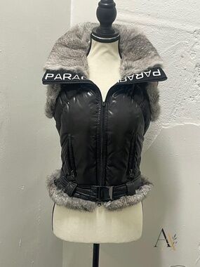 VTG Parasuco Cyber Y2K Down Puffer Vest Real Rabbit Fur Trim Black XS